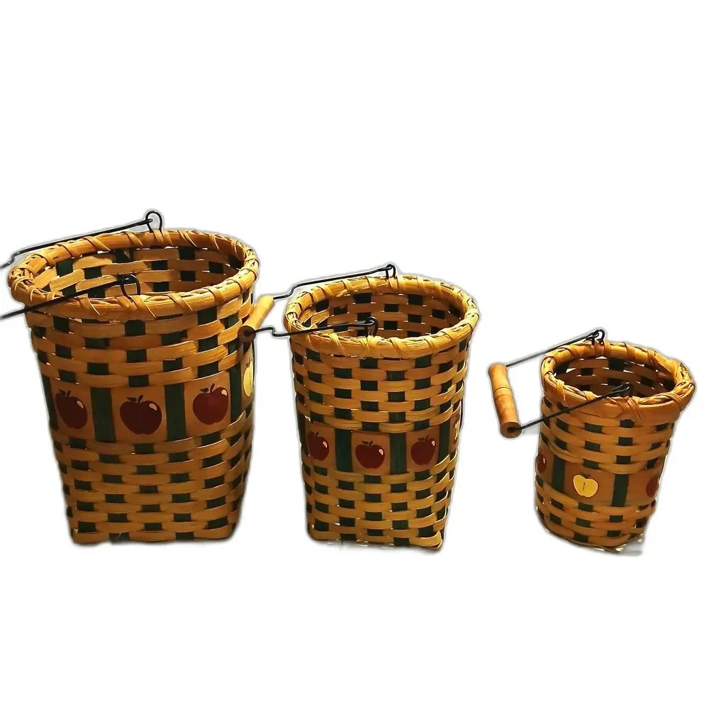 Set of 3 Hand Woven Rattan Wicker Apple Themed Baskets with Wood & Metal Handles
